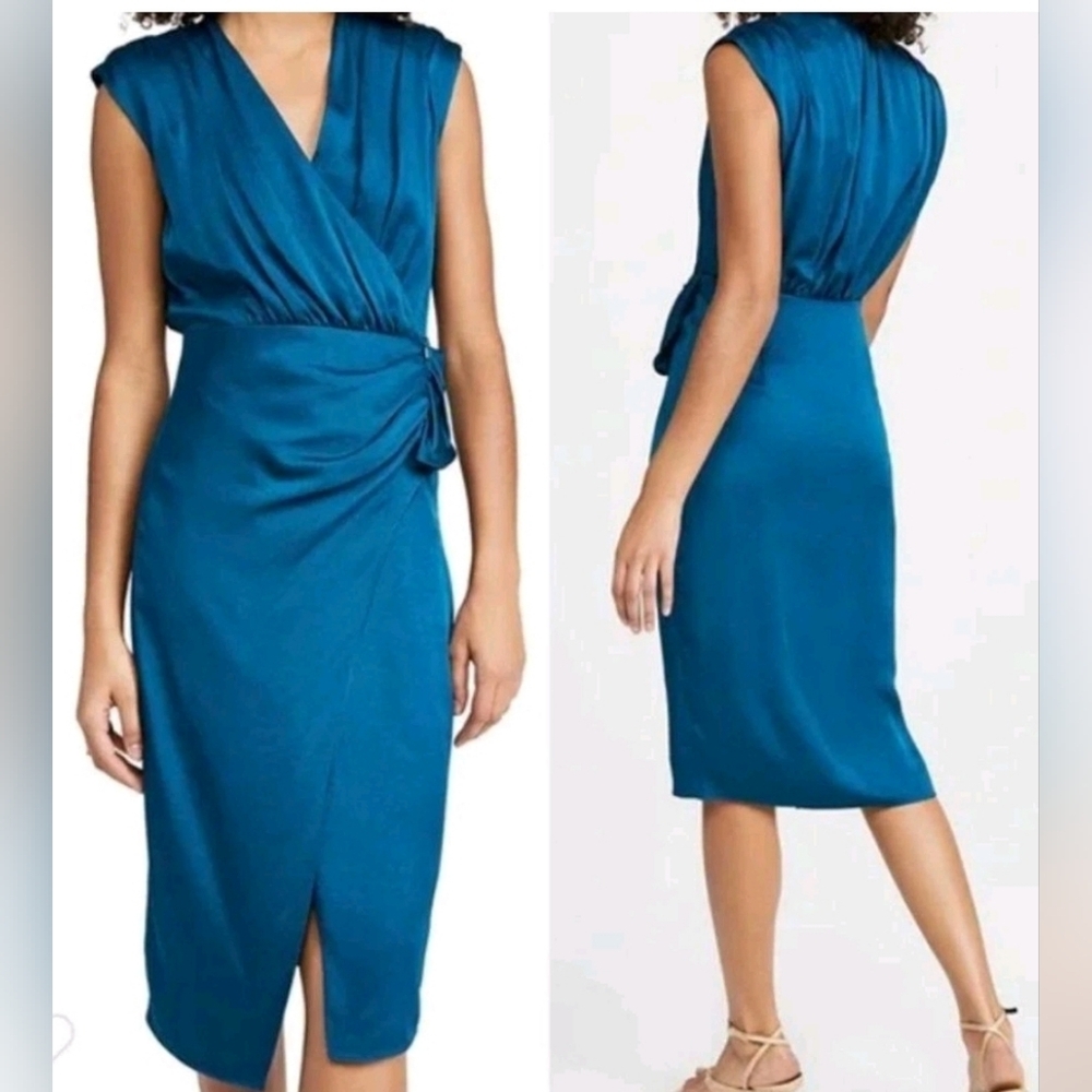 NWT Veronica Beard Clarissa Wrap Front Draped Ruffle Satin Dress in Cerulean.